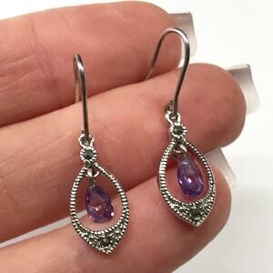 SU Signed 925 Sterling Silver Dainty Marcasite Amethyst Teardrop Dangle Earrings